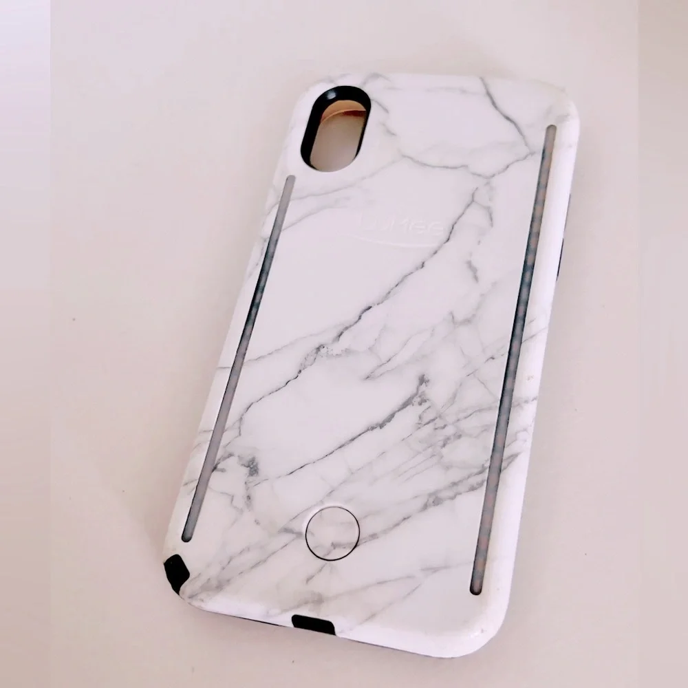 LUMEE Iphone X Lighted Duo Selfie Phone Case White Marble Influencer Cell Light